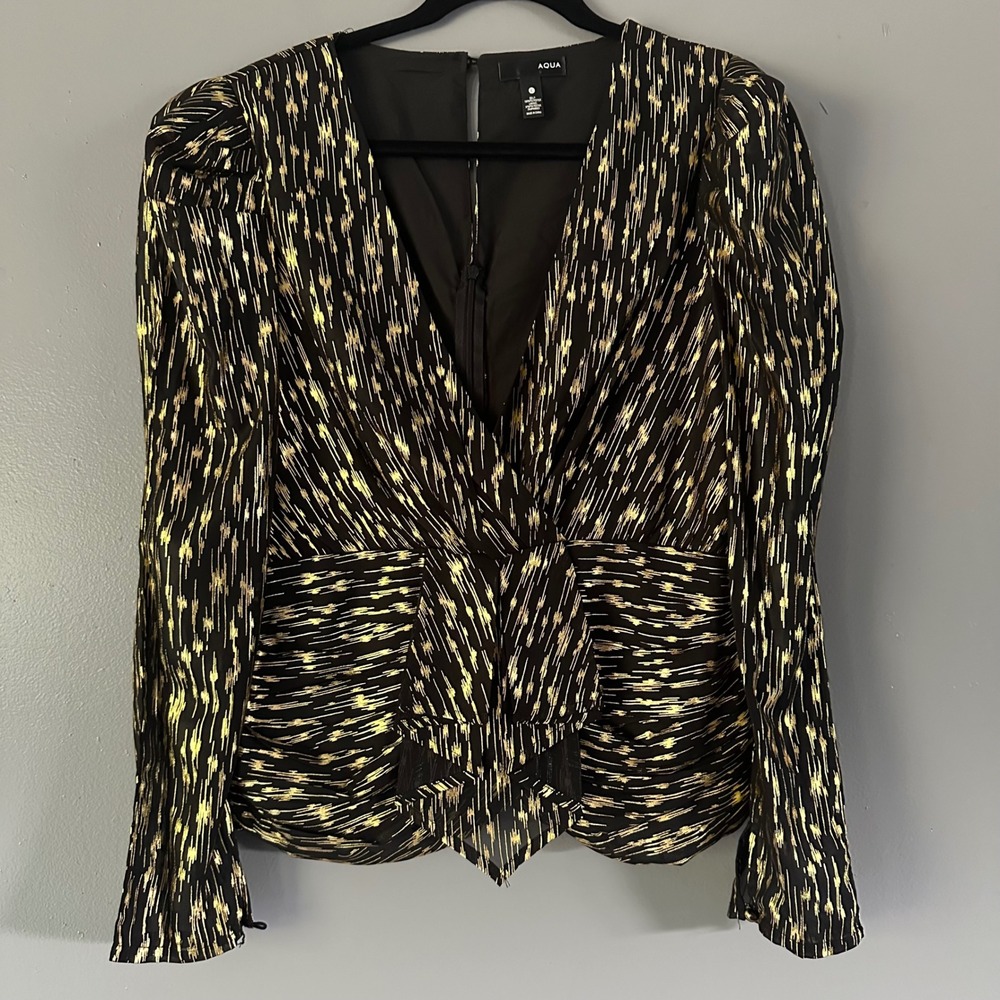 Aqua Black and Metallic Gold Deep V-Neck Blouse Small